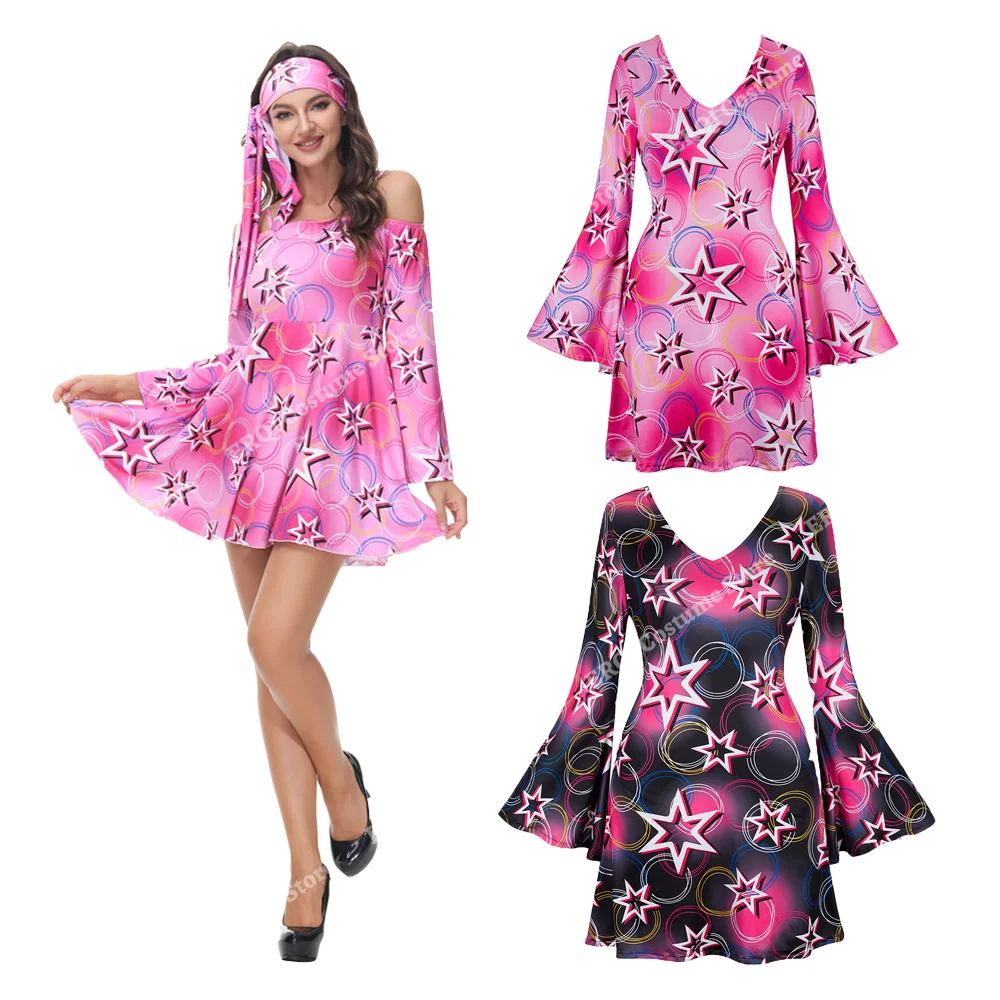 

Женский костюм для Хэллоуина, танцевальный костюм для дискотевечерние 70-х с принтом в стиле ретро, платье с расклешенными рукавами