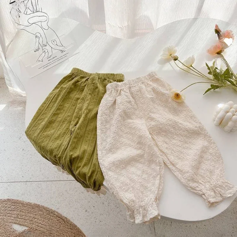 한국 꽃 녹색 순면 레이스 통기성 모기 퇴치 바지,  여아 느슨한 바지, 용수철 여름, 1-5 세