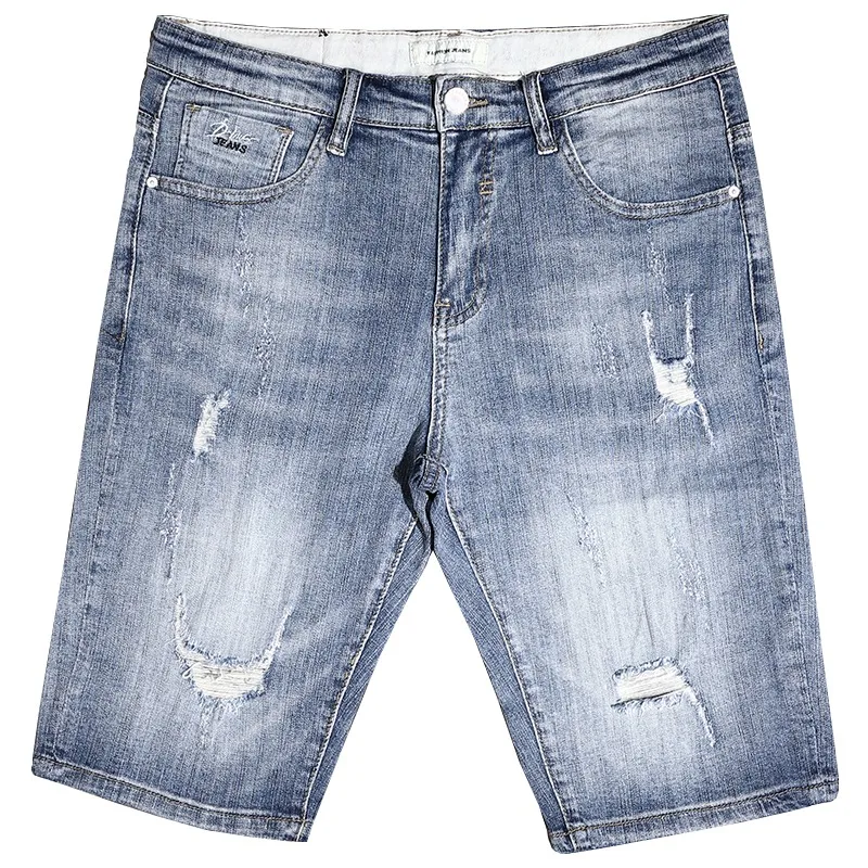 Short Jeans Men Streetwear Ripped Denim Shorts Summer Fashion Casual Light Blue Stretch Slim Fit Pants