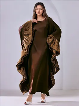 New Muslim Womens Dark Brown Abaya with Shiny Ruffled Sleeves Robe for Islamic Modest Fashion Prayers Weddings Religious Events