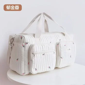 Borsa per pannolini per bambini Borsa per mamma con motivo ricamato a fiori di orso carino Borsa per pannolini con cerniera in tessuto di cotone beige per bambini Nuova borsa per bagagli