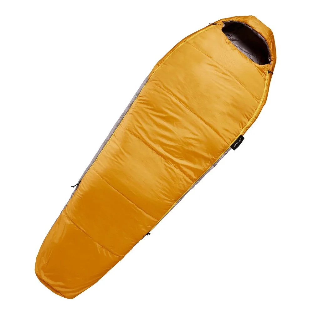 

Compact Camping Mummy Sleeping Bag Fiber Filled 41°F Forclaz Trek 500 Cold Weather Yellow Nature Hike Down Camp Gears Hiking