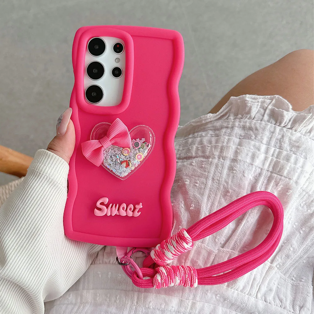 Étui de téléphone en silicone avec cordon et cœur Quicksand pour Samsung Galaxy A55 A35 A25 A15 A54 A34 A24 A14 A53 A33 A23 A13_voghion.com