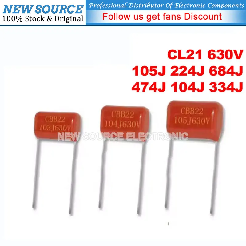 10 Pz 630V Cl21 Cbb22/21 Condensatore A Film Di Poliestere Farad 105 224J 684J 474J 104J 334J 0.47Uf 0.1Uf 0.33Uf 1Uf 220 680Nf P10 P15Mm