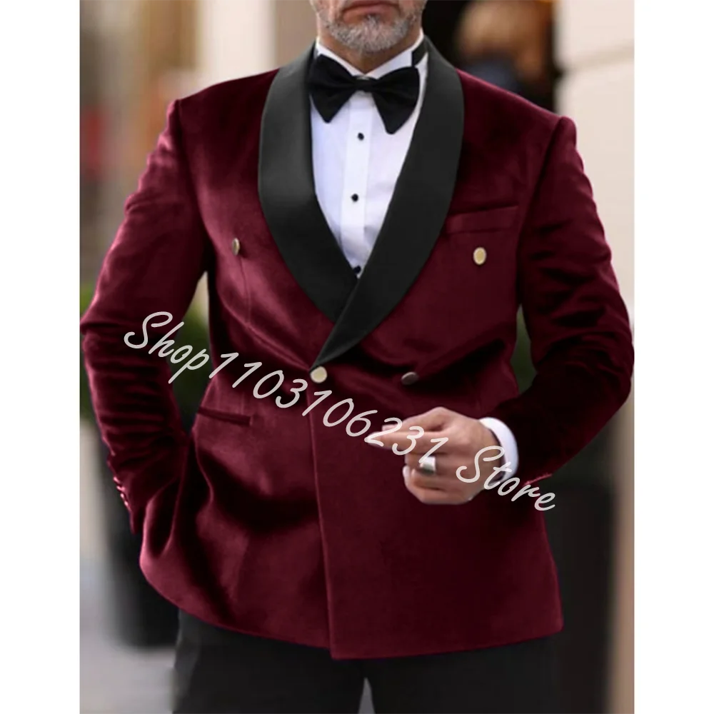 Burgundy Men's Velvet Vintage Suits Formal Double Breasted Blazer Pants Groomsmen Bridegroom Wedding Tuxedos Trajes De Hombre popular two buttons groomsmen notch lapel groom tuxedos groomsmen best man suit mens wedding suits bridegroom jacket pants tie