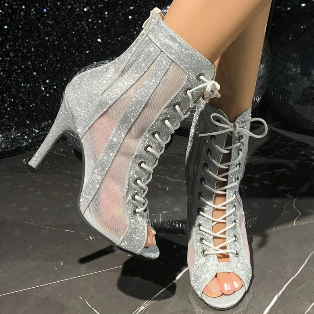 2025 Fashion Round Toe Open Toe Sequin Lace-Up Side Zip Non-Slip High Heel Fish Mouth Shoes Fashion Plus Size Stiletto Sandals