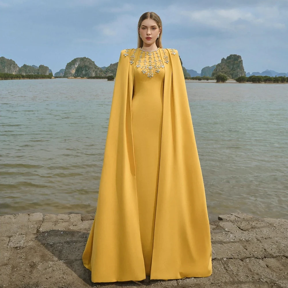 Yellow Arab Robe Yellow Evening Dress with Cape Luxury Crystals Stones Round Neck Arabic ...