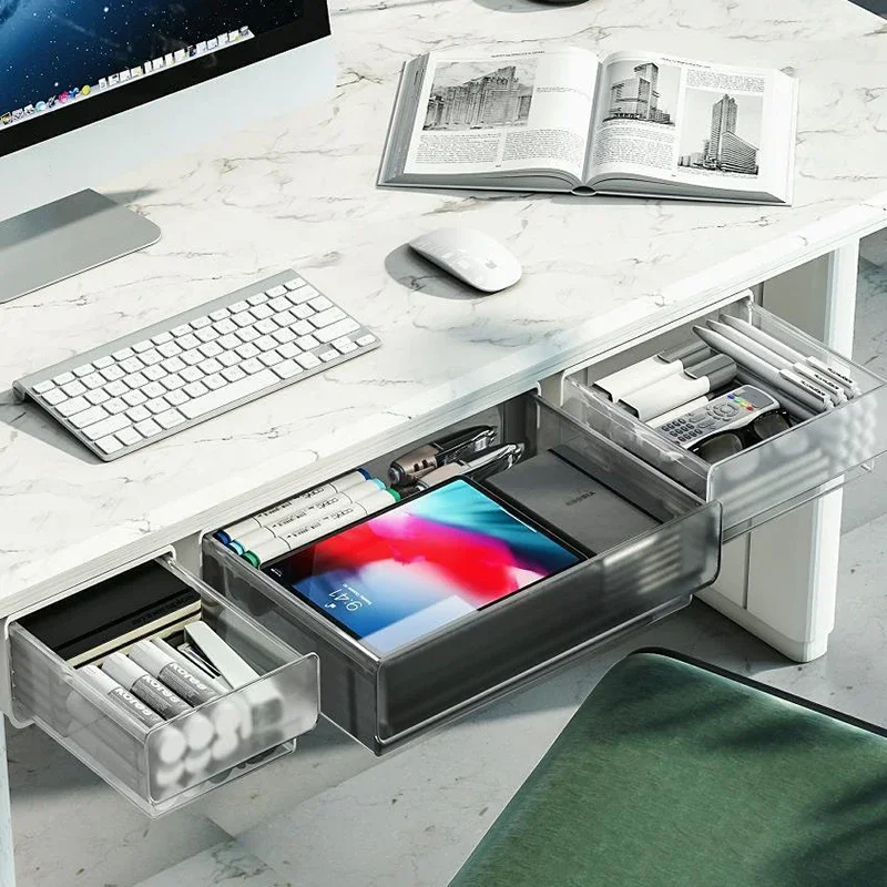 Office Storage Box Under Desk Hidden Drawer Clear Organizer Drawer Desk Supplies Holder Rack Memo Pen Stationery Storage Tray