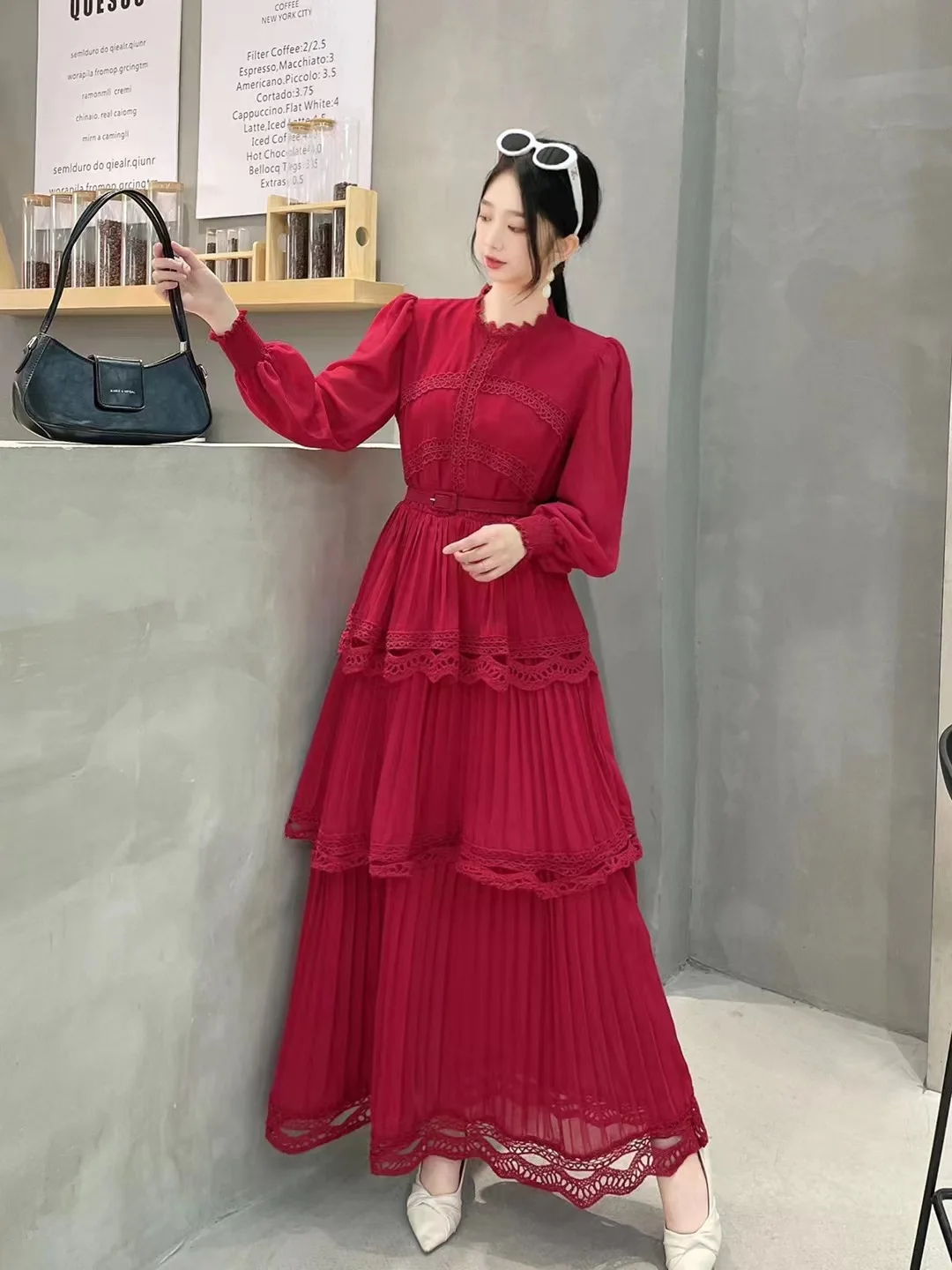 Muslim Turkey New Spring Autumn Women Long Sleeve Slim Long Dress High Quality Lace Patchwork Sweet Pleated Cake Dress