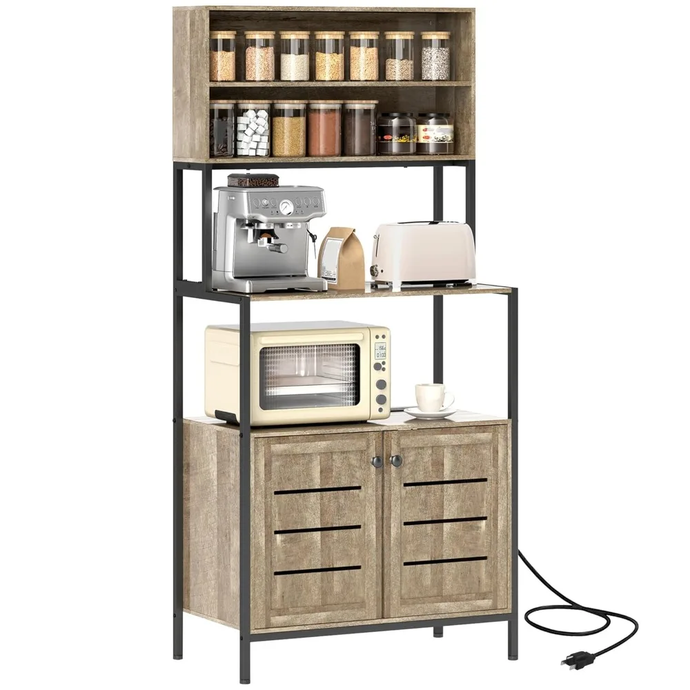 Kitchen Bakers Rack with Power Outlet, Coffee Bar Cabinet with Storage Shelves, Microwave Stand Louvred Door Cabinets