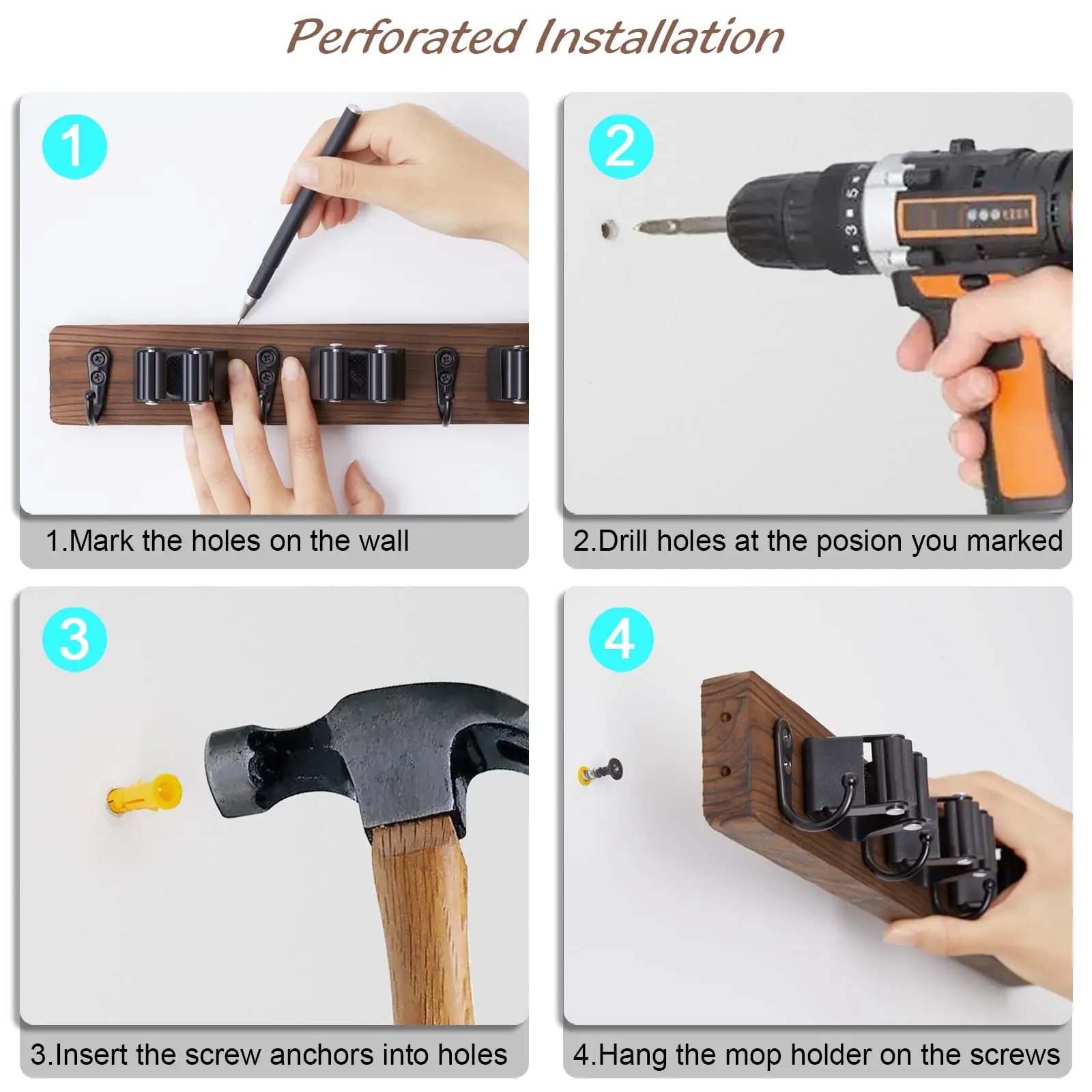 Rustic Wood Broom Mop Holder Hanger Wall Mounted Garden Tool Rack Organizer With 4 Slots 4 Hooks For Garage Laundry Room 4