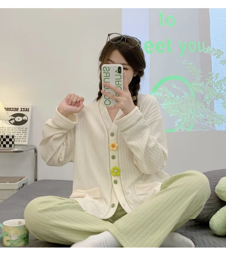 Women 2 Pieces Pajamas Sets 100% Cotton Pijama Solid Female Pyjama Sleepwear Long Sleeve Shirt Pants Suit Homewear Loungewear