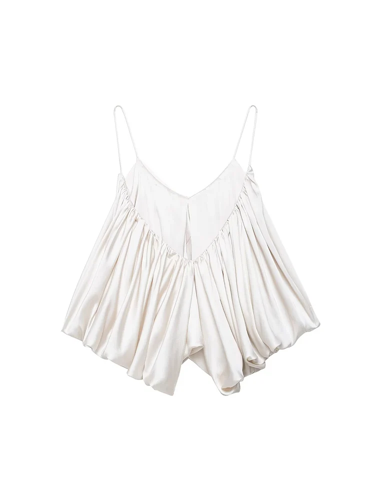 TFMLN 2025 Summer New Women Pleated Design Sling Top Fashion Spicy Style Loose V Neck Thin Strap Short Top Chic Streetwear