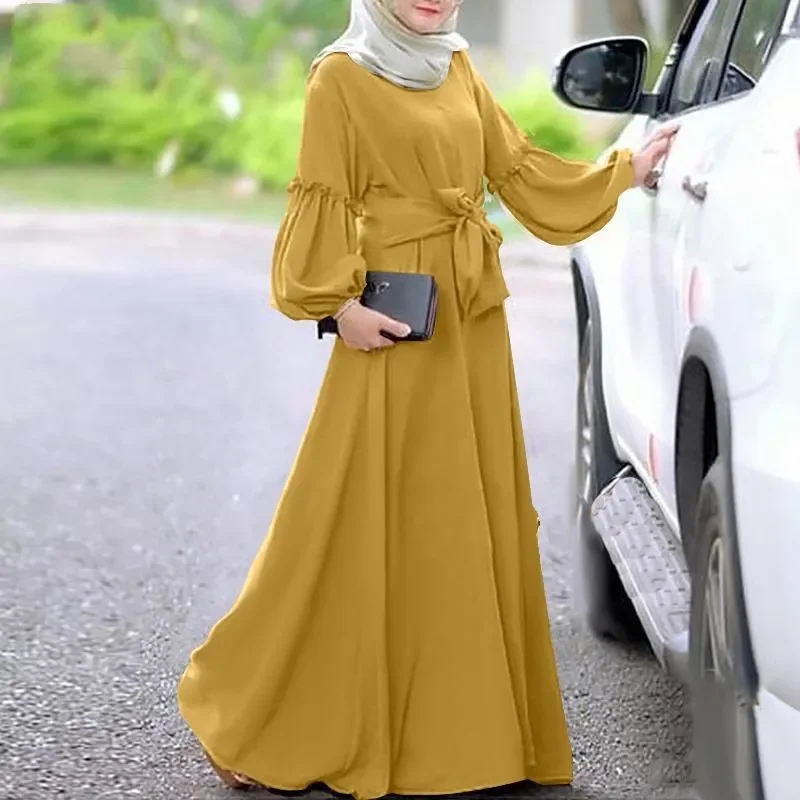 

All Seasons Sweet Party Long Dresses for Women Muslim Dress Abaya Solid Ong Sleeve Flounce Dress O-neck Lace-up Islamic Kaftan