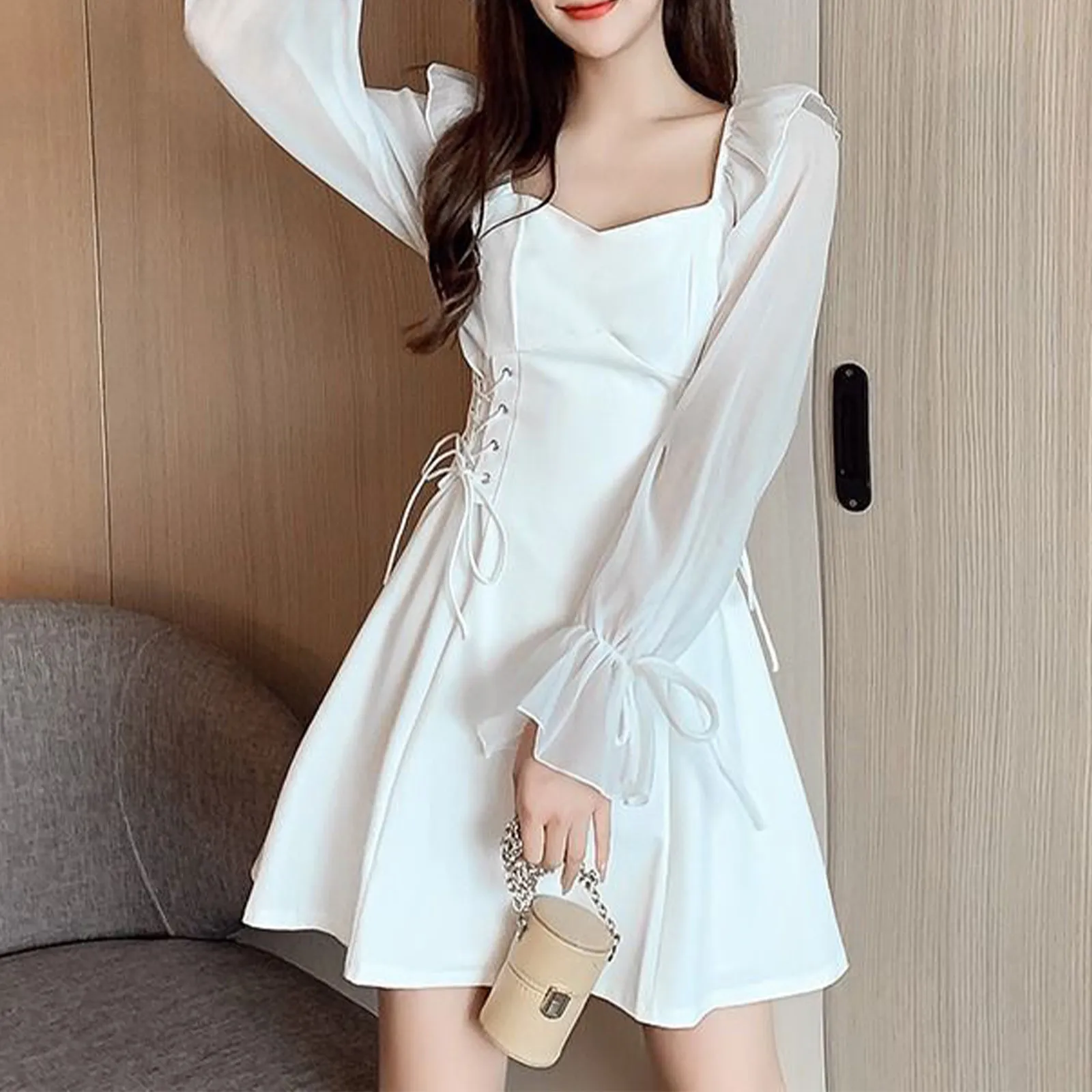 

Traf Women 2024 Spring And Autumn French Square Neck Long Sleeved Chiffon Spliced Waist Slim Dress For Women Dresses For Women