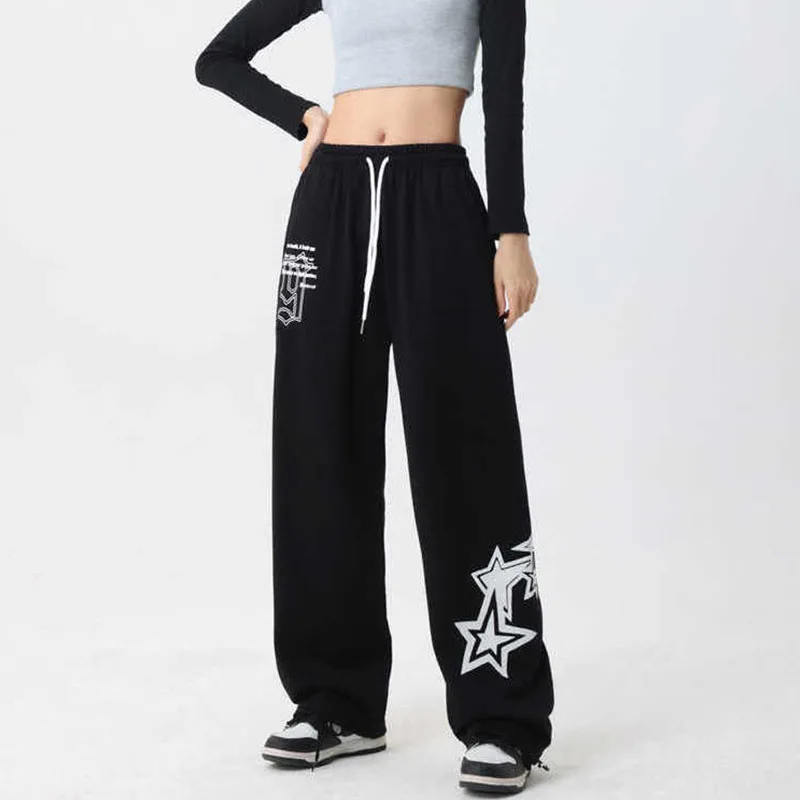 Hip Hop Streetwear Oversize Jogging Sweatpants Women New Drawstring Elastic Waist Stars Wide Leg Baggy Casual Sports Trousers