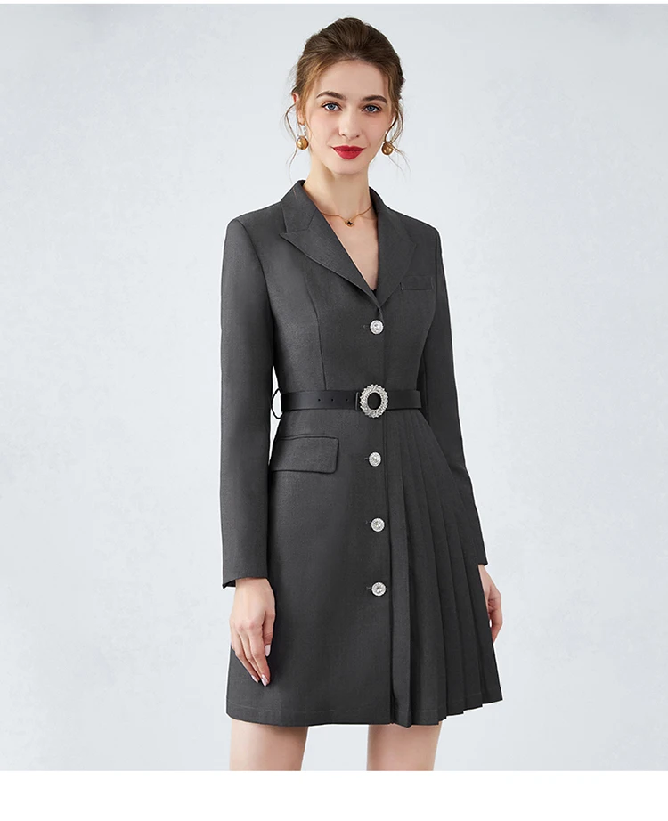 

High-Quality Suit Dress, Winter Temperament Was Thin, Stitching Simple Pleated Fashion Double-Breasted Belt Asymmetric Jacket