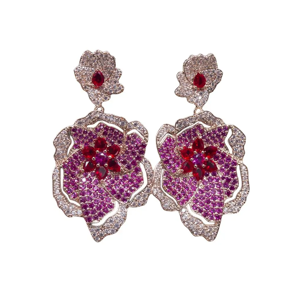 

EVACANDIS Crystal Flower Daisy Red Handmade Gemstone Gold Plated Drop Dangle Earrings for Women Wedding Statement Birthstone