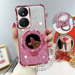 Glitter Shockproof Phone Case with Mirror Stand and Beaded Strap for Honor Play8T 5G (Pink)