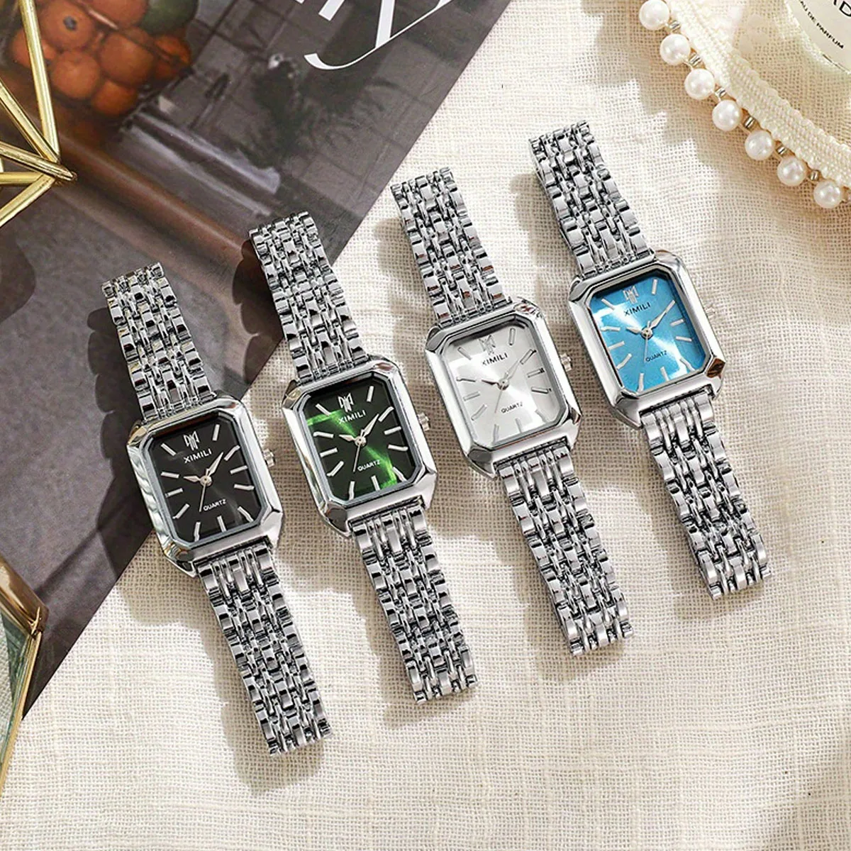 1pc-Women Stainless Steel Band Watch Minimalist Square Quartz Wristwatch