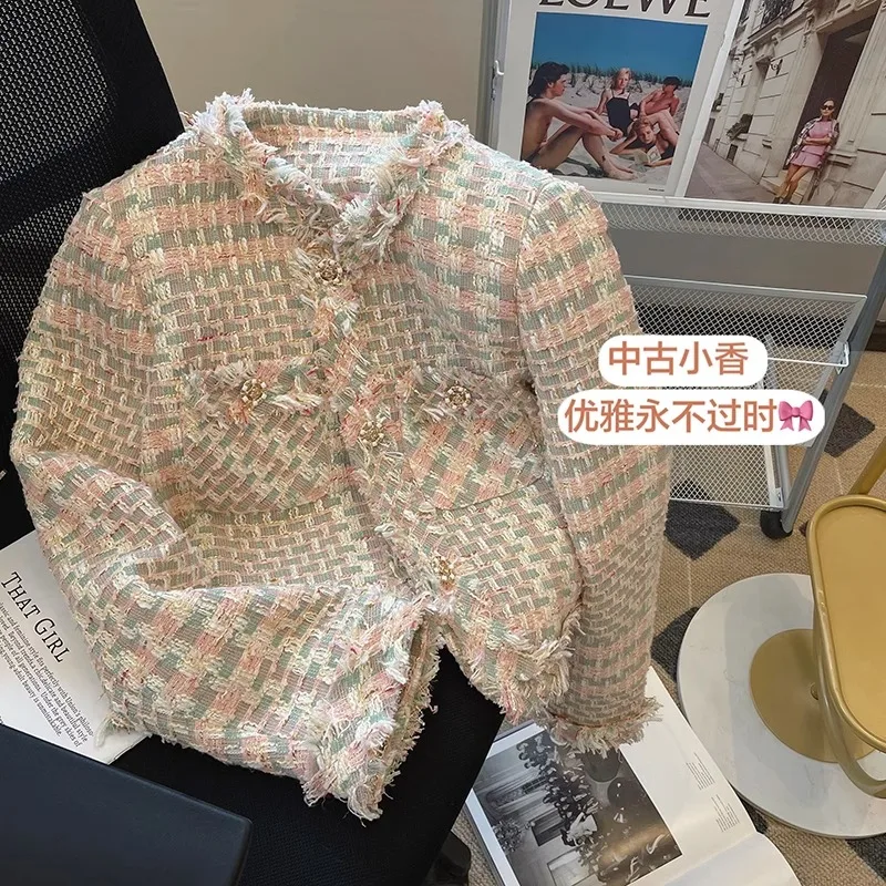 

Женская твидовая куртка в клетку, Элегантная короткая куртка в Корейском стиле с длинным рукавом, винтажный жакет, весна 2023