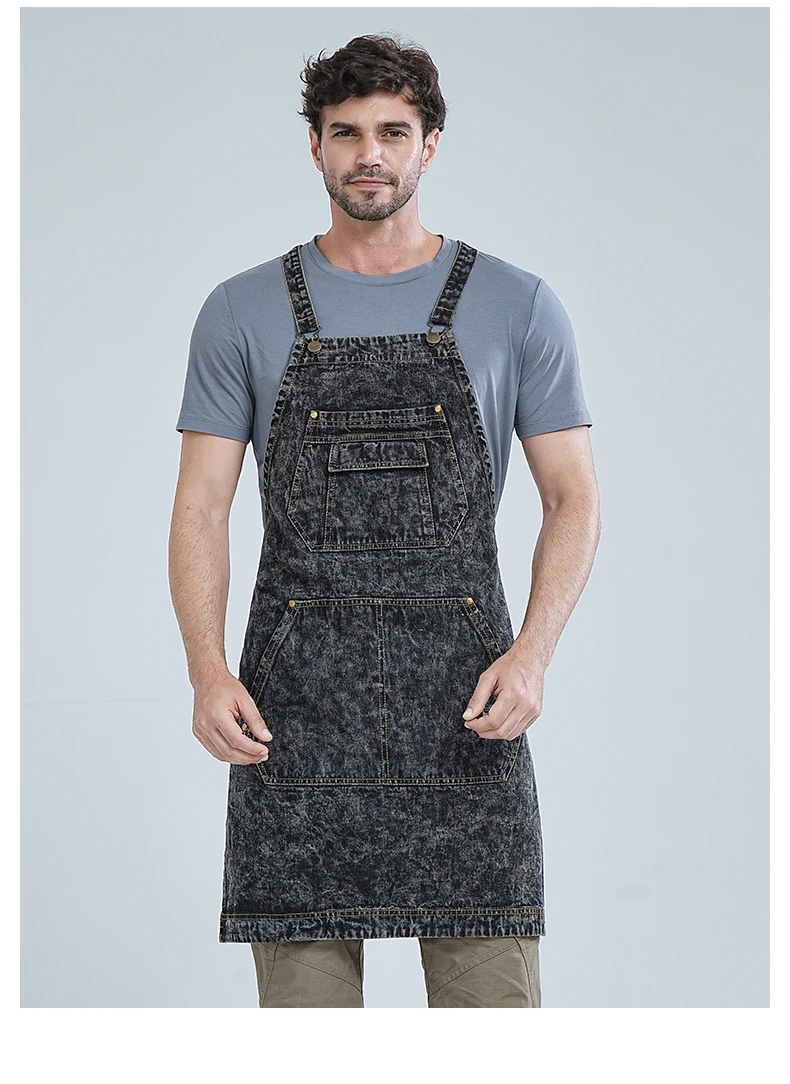 Schwarz-blaue Denim-Schürze mit verstellbarer Taille für Männer und Frauen, ideal für Restaurant, Café, Friseur, Bäckerei, Arbeit, heißes Waschen, wasserabweisend – Detail 10