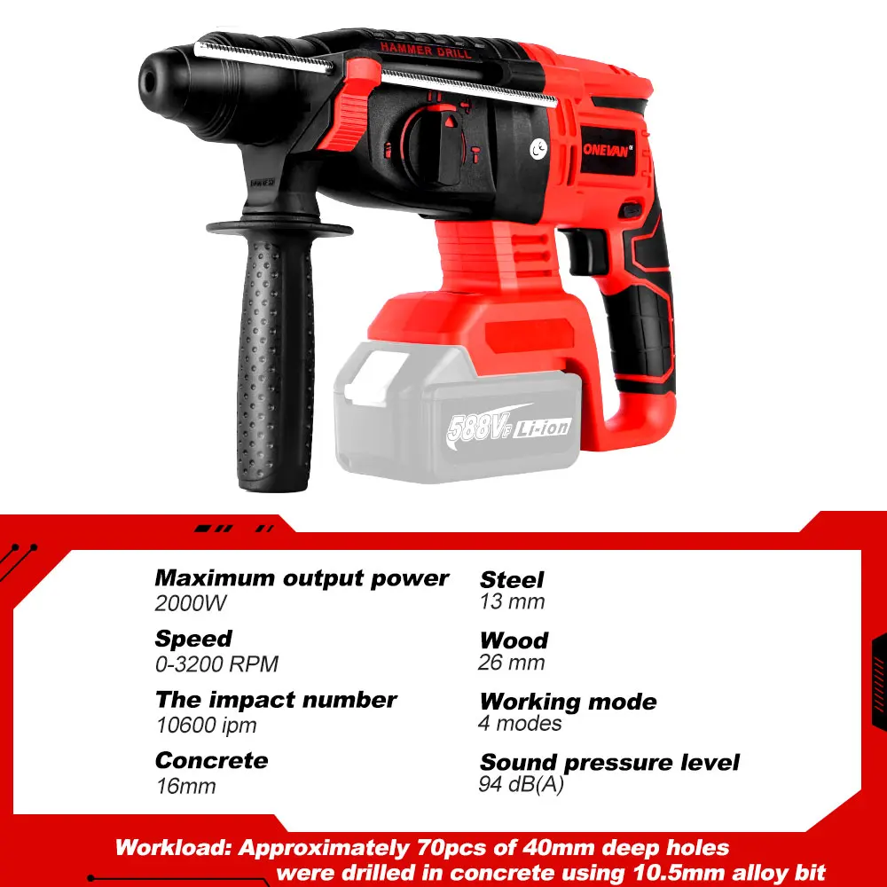 ONEVAN 2000W Brushless Electric Rotary Hammer Drill 10600BPM Cordless Multifunctional Hammer Impact Drill Set For Makita Battery 6