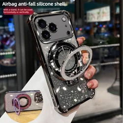 Luxury Glitter Stand Shockproof Phone Case with Clear Plating and TPU Protection - iPhone 15 Plus (Black)