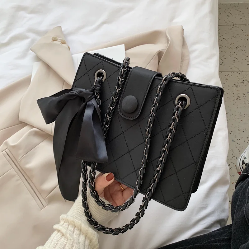 Elegant Square Shoulder Bag For Women With Chain Strap And Ribbons_voghion.com