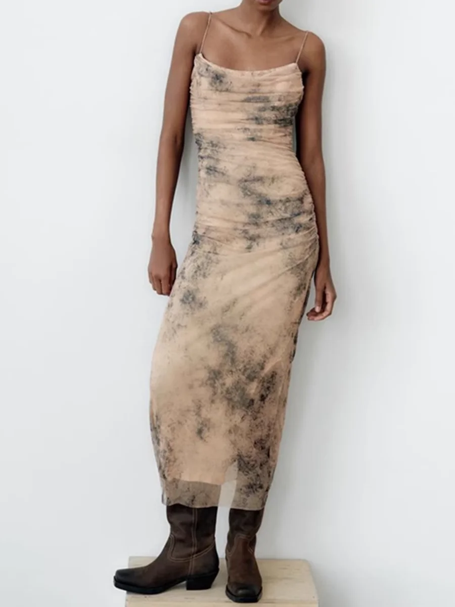 

Сетчатое платье-макси Tie Dye, Летнее Длинное облегающее платье без бретелек со складками, повседневное модное винтажное элегантное вечернее платье 2024