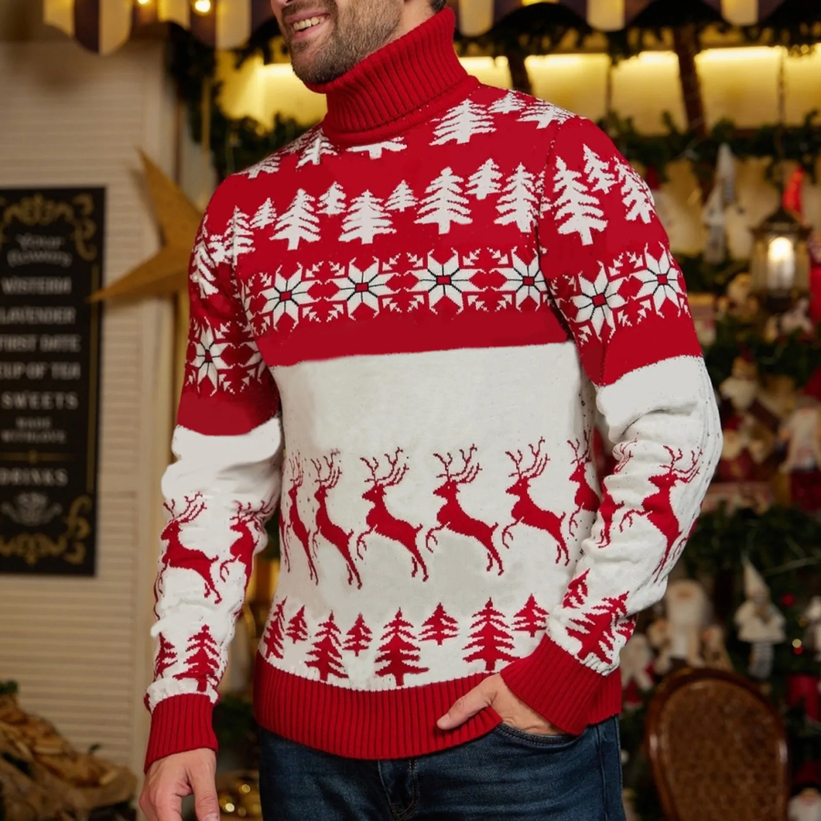 thumbnail image 1 of Suéter navideño para parejas para hombre y mujer, sudadera con estampado divertido de árbol de Navidad, cuello alto, suéter familiar con temática navideña, 1 of 4