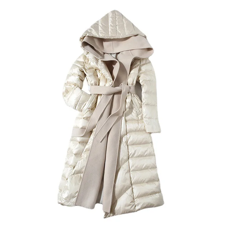 Women White Duck Down Jacket Winter Coat Female Double-sided Woolen Hooded Parkas Long Warm Thick Outwear Large Size Overcoat
