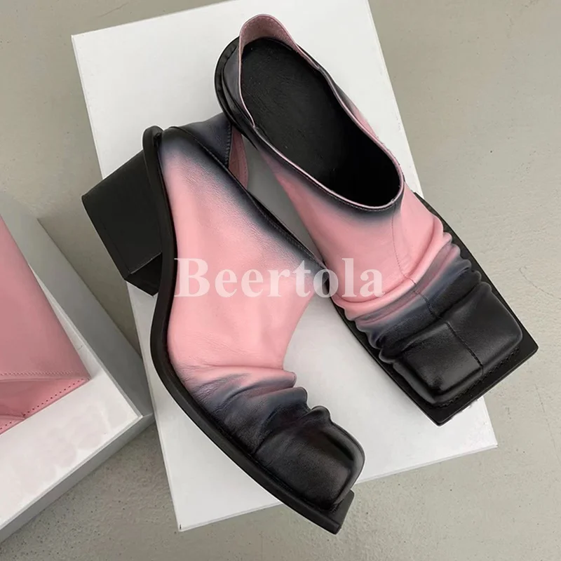 

2023 Retro Women Low Block Heel Leather Pumps Pink Wrapped Square Toe Pleated Mixed Color High Heels Autumn Ladies Mules Shoes
