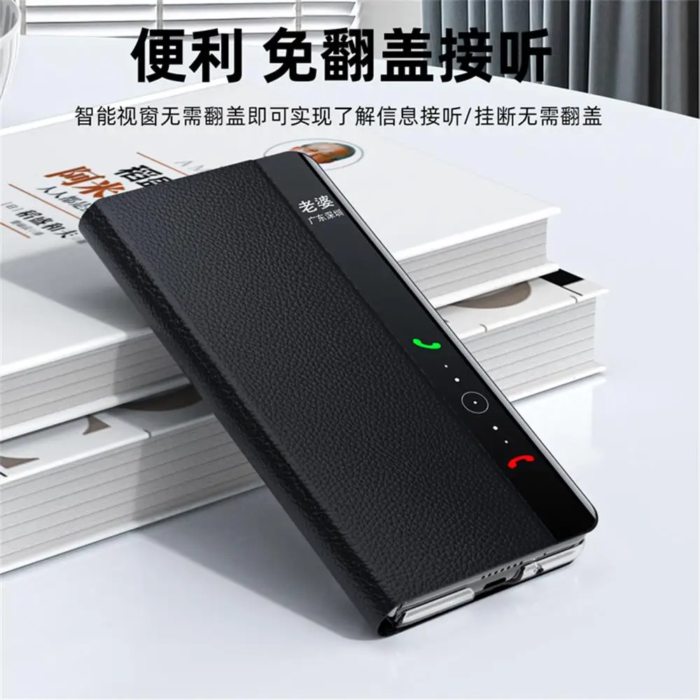 For Huawei Mate X3 Case Luxury Litchi Grain Plain Leather Bracket Intelligent Window Folding Shockproof Hard Cover Accessories