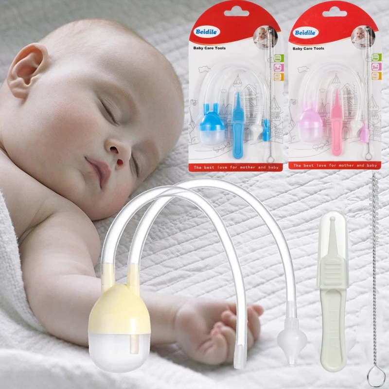 3Pcs Silicone Baby Nose Cleaner with Tweezer & Brush Set Anti-backwash Child Nasal Aspirator Ear Nose Clean Tweezer Clean Brush