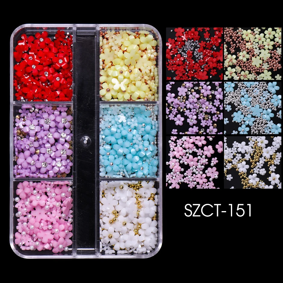 6 Grids 3D White Acrylic Flower Nail Parts Mixed Steel Beads Charms Design  Nail Art Decoration DIY Jewelry Accessory 