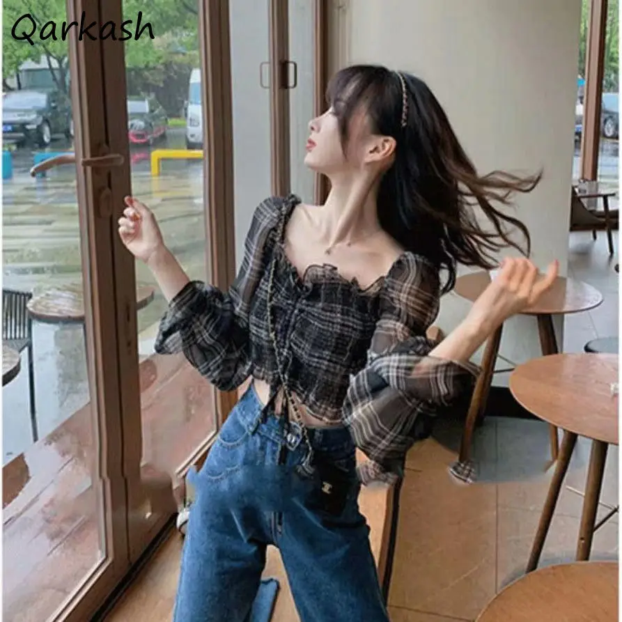 

Plaid Blouses Women Long Sleeve Square Collar Lace-up Ruffles Stretchy Korean Fashion Hotsweet Leisure Vintage Cropped Tops Chic