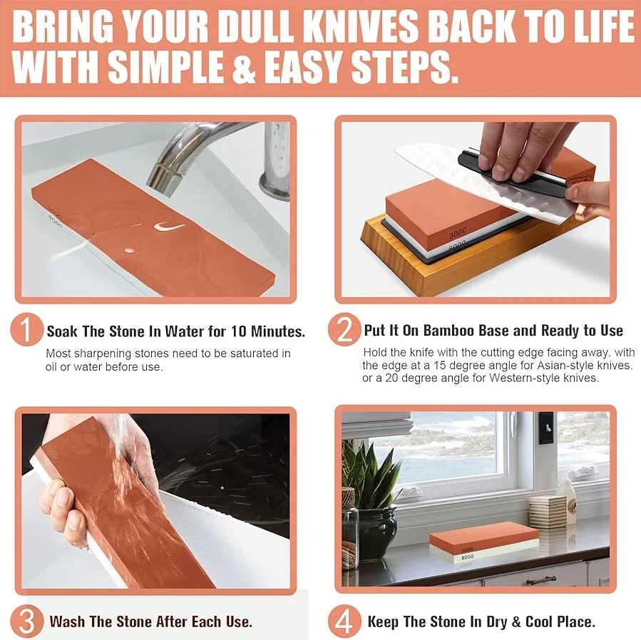 Complete Knife Sharpening Stone Set &ndash; Dual Grit Whetstone 400/1000 3000/8000 Knife Sharpener with Leather Strop Bamboo Base knife sharpener,kitchen knife sharpener,knife sharpening stone,diamond sharpening stone,razor knife sharpener