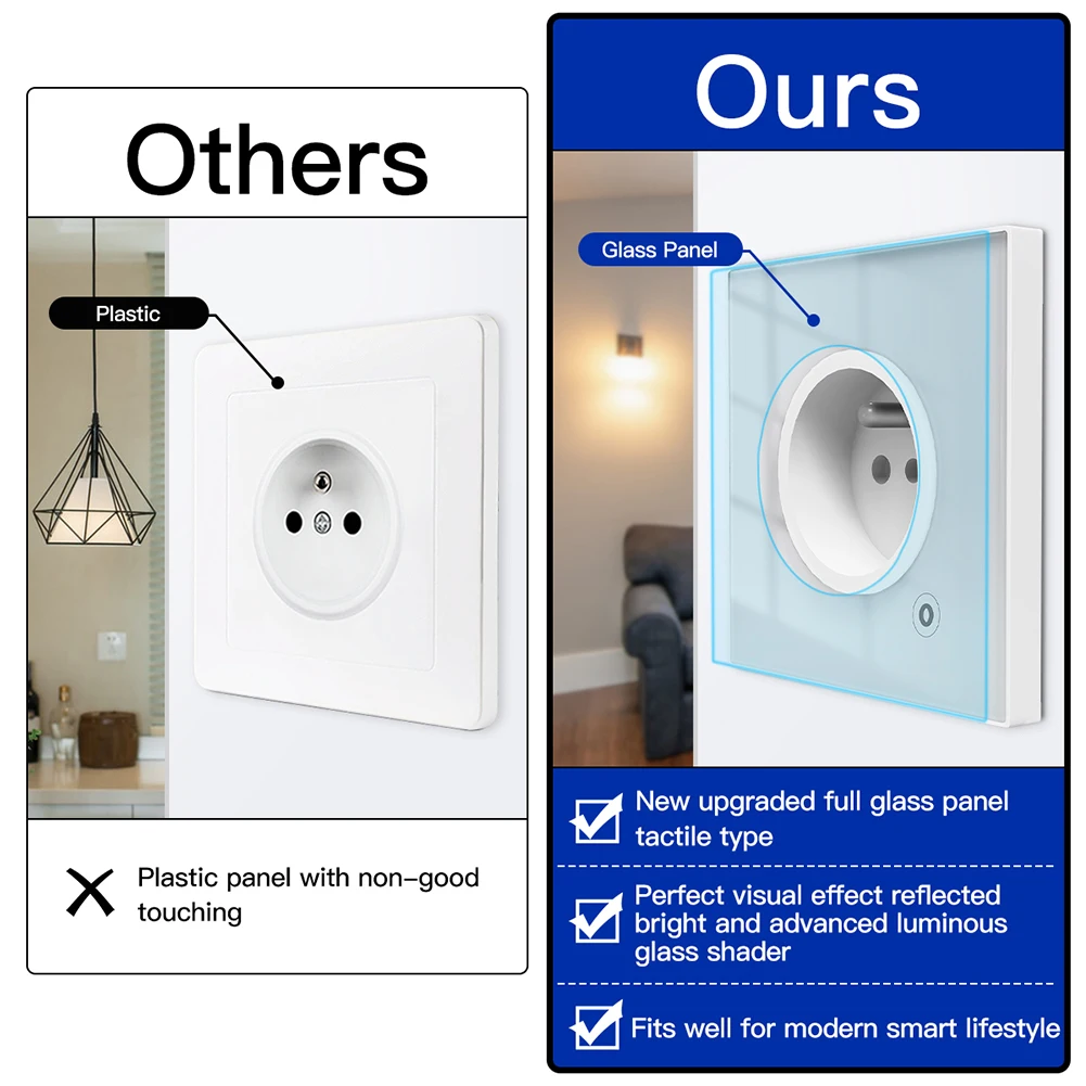 Smart Socket WiFi Tuya 16A Glass Panel Outlet Power Monitor Touch Plug Relay Status Light Mode Adjustable Smart Life App Alexa