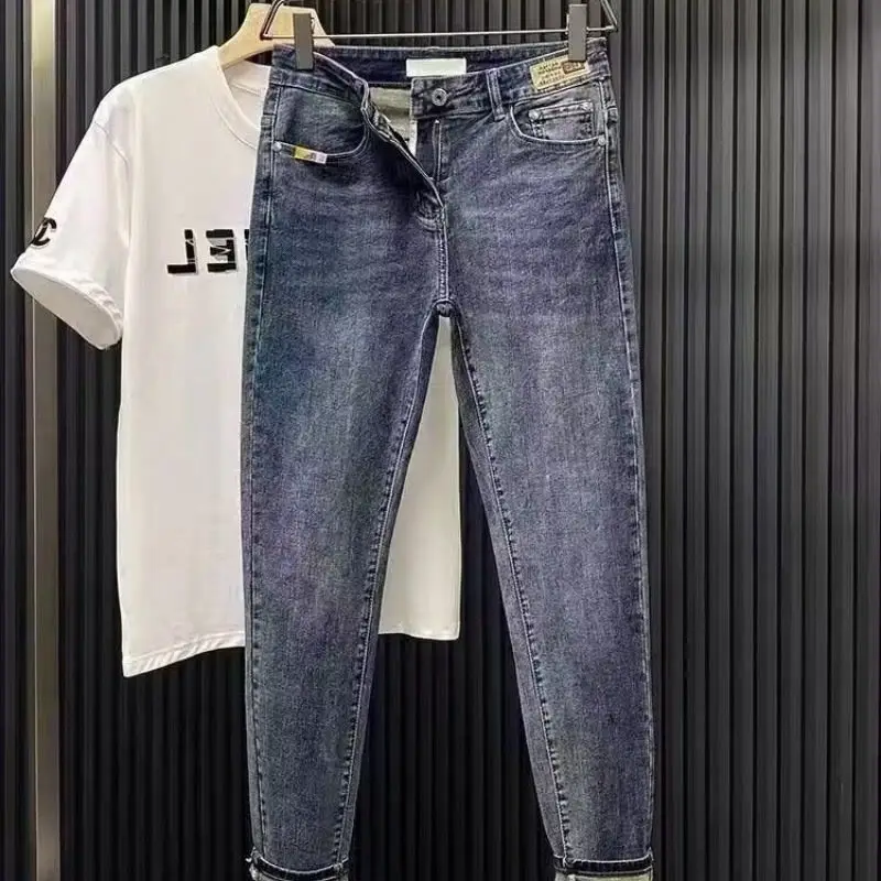 

New Men's Jeans Slim Casual Denim Pants Spring Autumn Solid Fashion Korean Style Clothes Designer Designs Kpop Washed Jeans Male