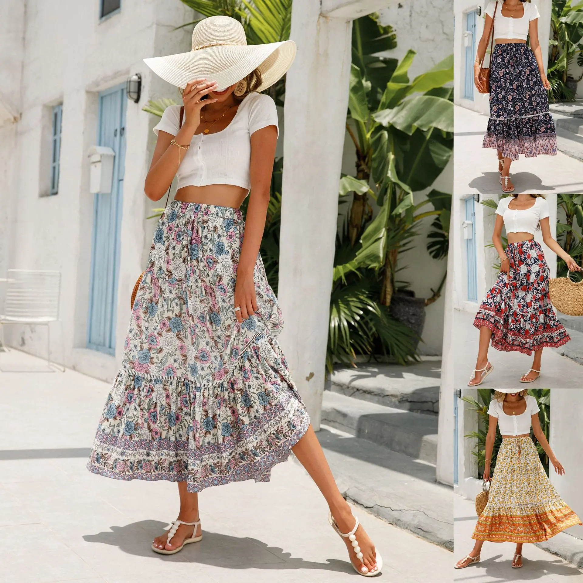 

Vintage High Waist Ruffles Rayon Skirt Summer 2024 Elegant Ladies Falda Boho Mujer Casual Floral Print Skirts for Women