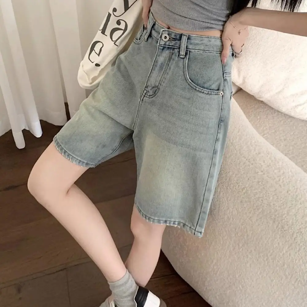 여성용 데님 하의 데님 청바지, 빈티지 하이웨이스트 데님 반바지, 와이드 레그 스트릿웨어 청바지, 단추 클로저 지퍼 무릎