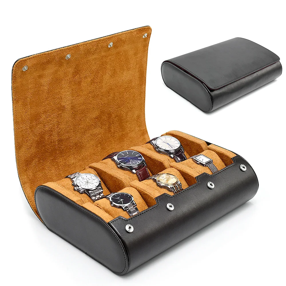 

6 Slots Watch Roll Travel Portable Vintage Leather Display Watch Storage Box with Slid in Out Watch Organizer Clocks Case