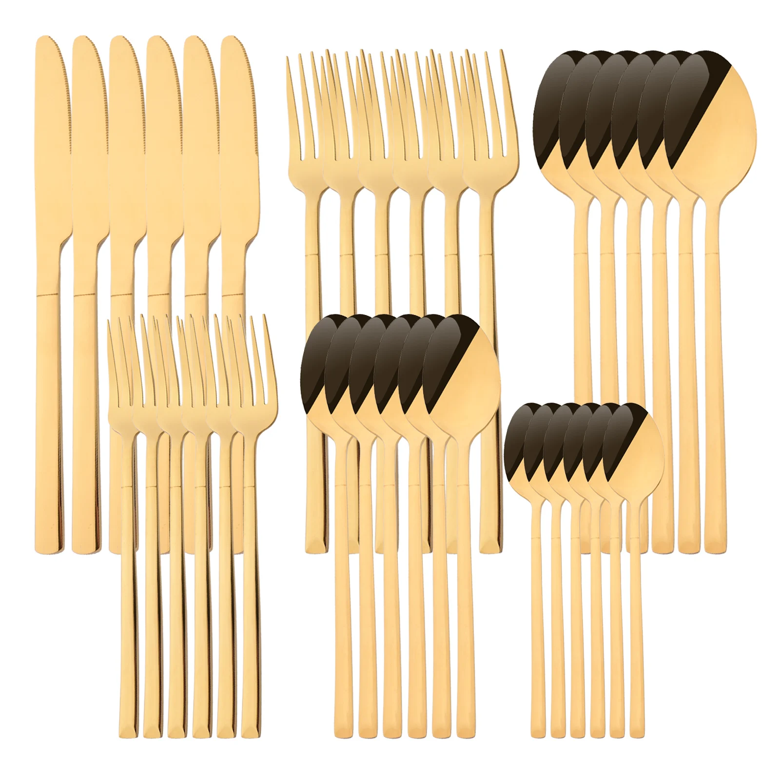 

6Set/36Pcs Gold Dinnerware Cutlery Set Knives Dessert Fork Tea Spoon Tableware Flatware Stainless Steel Kitchen Silverware Set