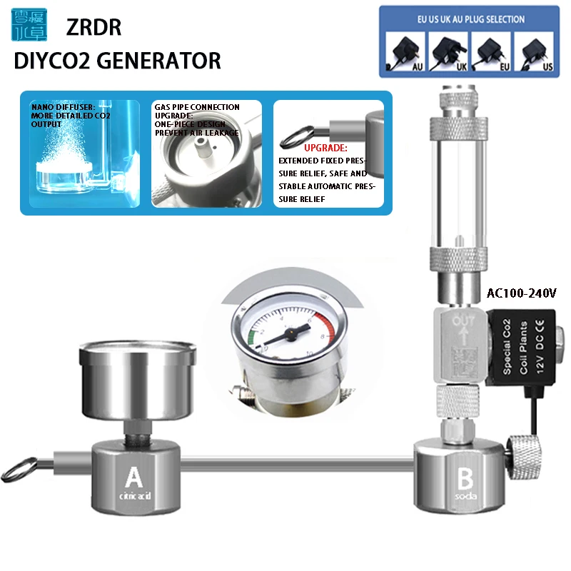 Zrdr Aquarium Kit Sistema Generatore Di Co2 Fai Da Te Generatore Di Co2, Diffusore Da Banco A Bolle Con Elettrovalvola, Per/Crescita Di Piante Acquati