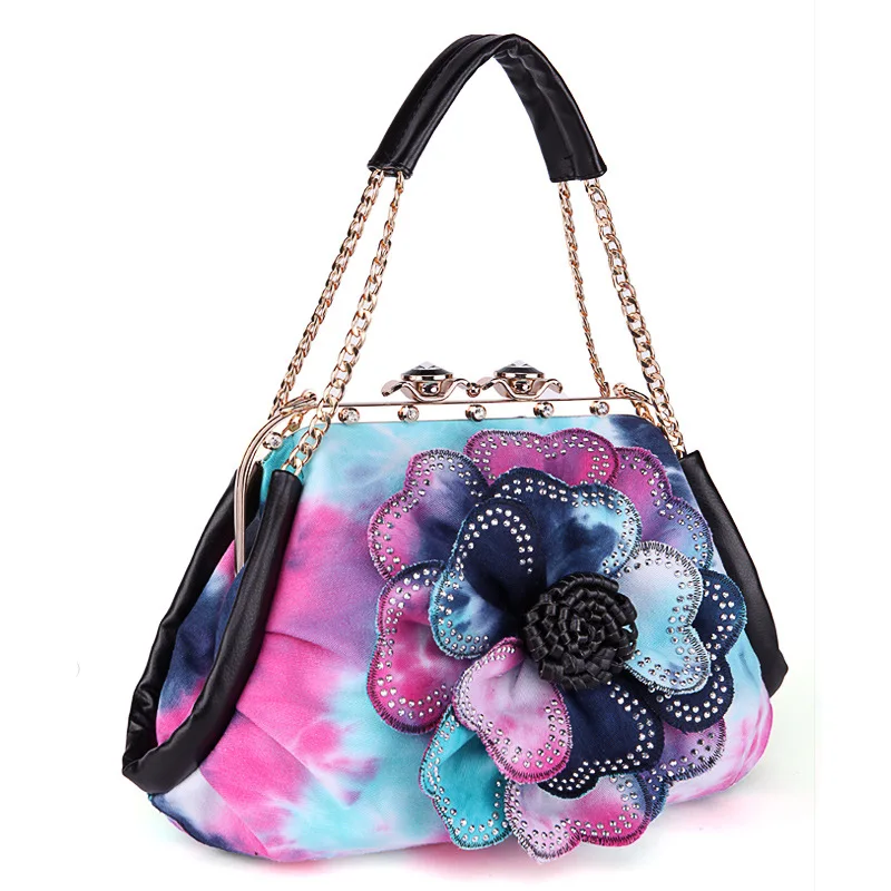 

Annmouler Luxury Women Tote Bag Denim Handbag Colorful Flower Messenger Bag Quality Clip Shoulder Bag with Chains Crystal Purse