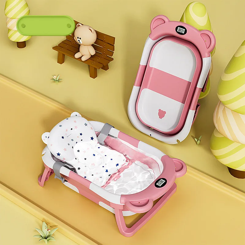 Baby bath tub folding silicone baby bathtub with real-time temperature non-slip