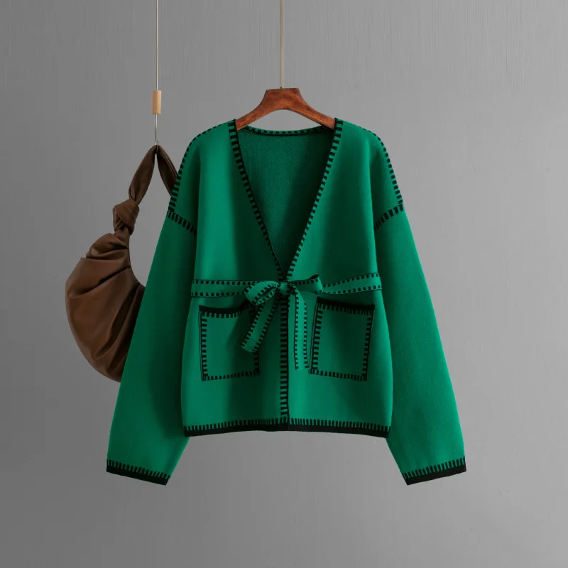Knit Contrast Cardigan Sweater For Women Lace-Up Pocket Long Sleeve Patchwork Loose Coat Autumn Knitwear Women's Outwear