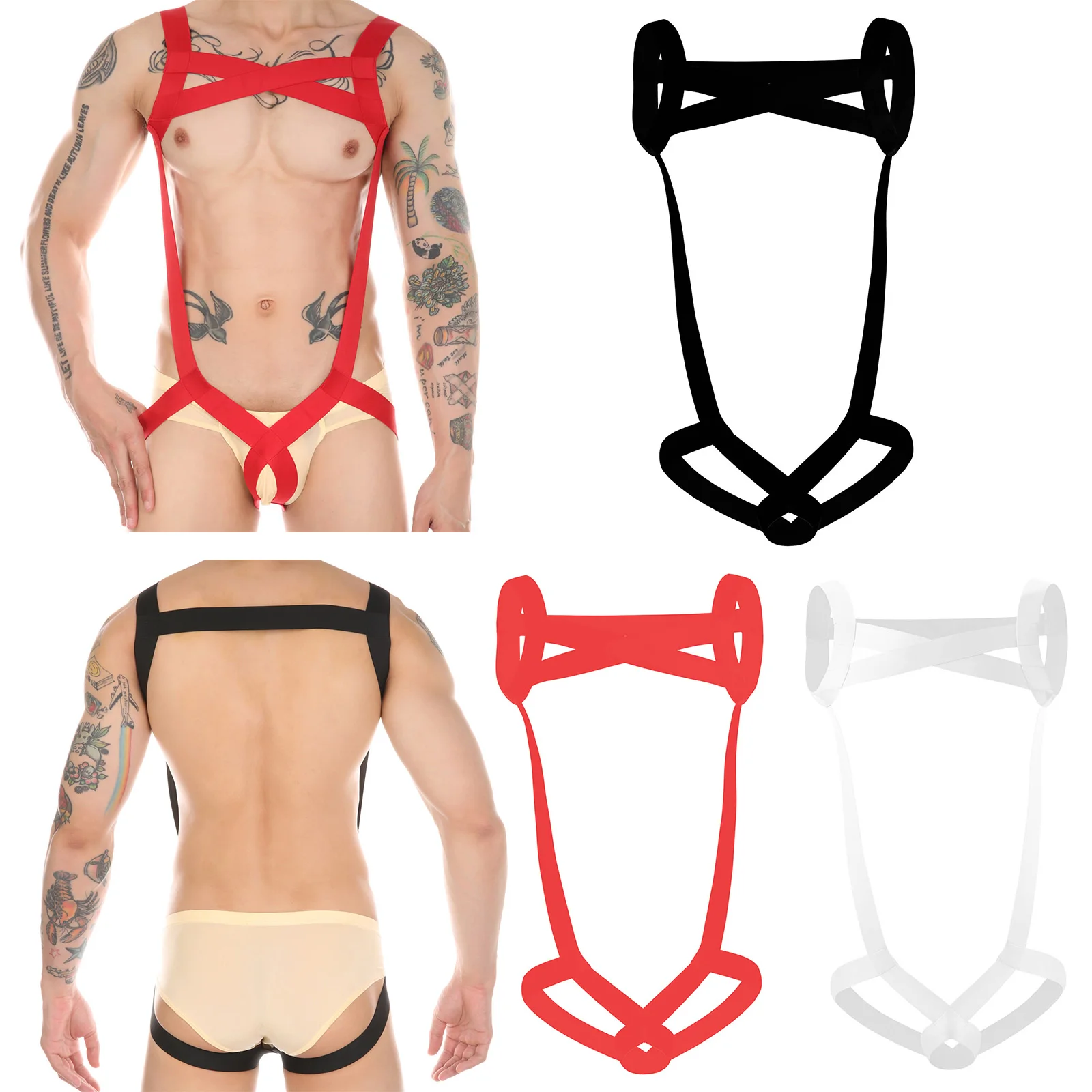 Mens Body Harness Belt Straps Cross Front Hollow Out Stretchy Bodysuit for Bodybuilding Workout