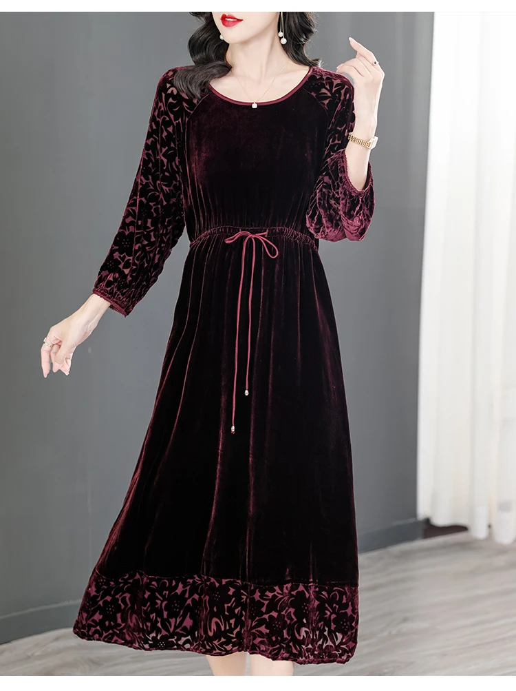 Women Dress Velvet Big Swing Skirt Dress Floral Pattern O Neck